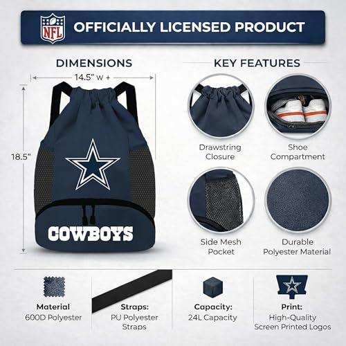 NFL Dallas Cowboys Cinch Bag - Drawstring Backpack with Zipper Pocket