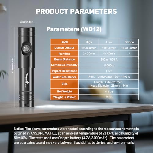 Odepro WD12 Dive Light 1400 Lumens Waterproof Underwater Flashlight