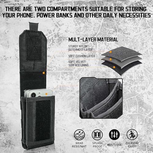 VIIDOO Black Dual Phone Pouch Tactical MOLLE Phone Case for 4-6.7" Screens