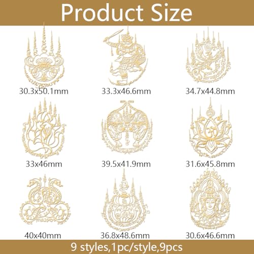 OLYCRAFT 9pcs 1.6x1.6 Inch Thai Sak Yant Gold Metal Stickers: Tiger, Nine-Tailed Fox, Scriptures for Scrapbooks, DIY Crafts, Phone Decoration
