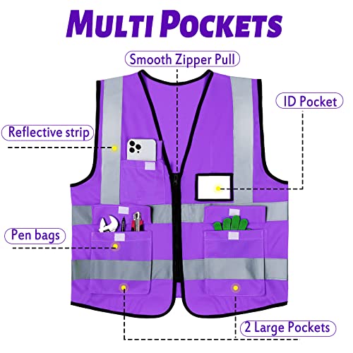 EBOOT 10 Pcs Safety Vests High Visibility Safety Vest with Reflective Strips for Construction Outdoor Running Cycling Walking at Night(Purple)