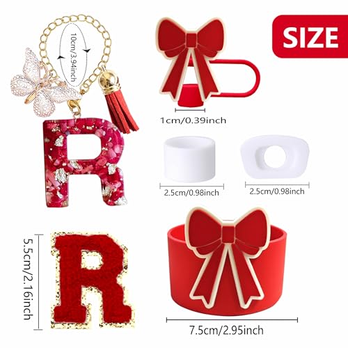 6-Piece Tumbler Accessory Set with Bow Boot & Straw Topper - Red Initial R