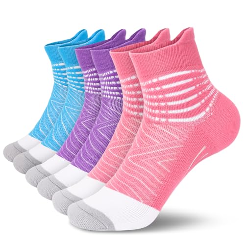 Compression Ankle Support Socks for Women - Wicking, Cushioned, 3 Pack in Pink, Purple & Light Blue