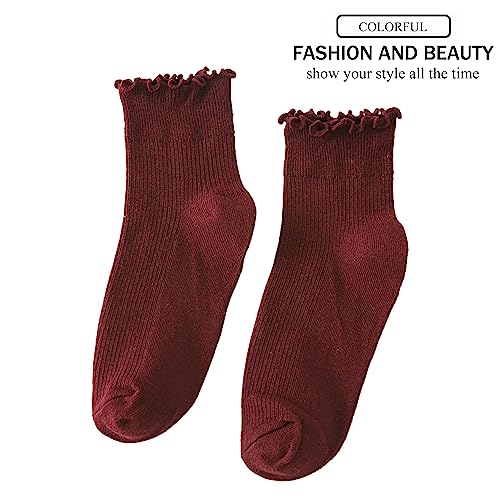 Cotton Ankle Socks - Ruffle Crew Style in Wine Red - 1 Pair