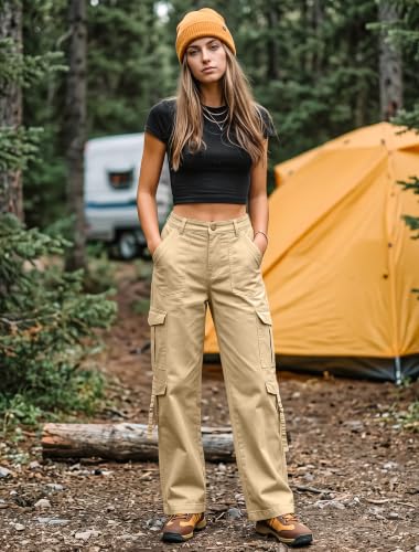 Eddoyee Women’s Cargo Pants - Elastic High Waist Wide Leg Khaki Size Small