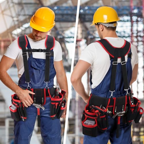 Tool Belt, Professional Tool Belts with Suspenders, Magnetic Tool Pouch for Men, Heavy Duty Detachable Adjustable Work Belt for Electrician, Carpenter, Construction