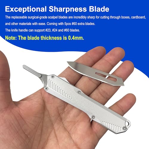 Caressolove EDC Small Retractable Scalpel Knife – Silver, 3.85in, 5x #60 Blades