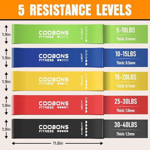 Resistance Bands Set - 5 Levels, 10-40LBS, Latex Workout Bands