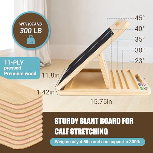 Calf Stretch Slant Board with Strap - Adjustable Wooden Incline Board - Black