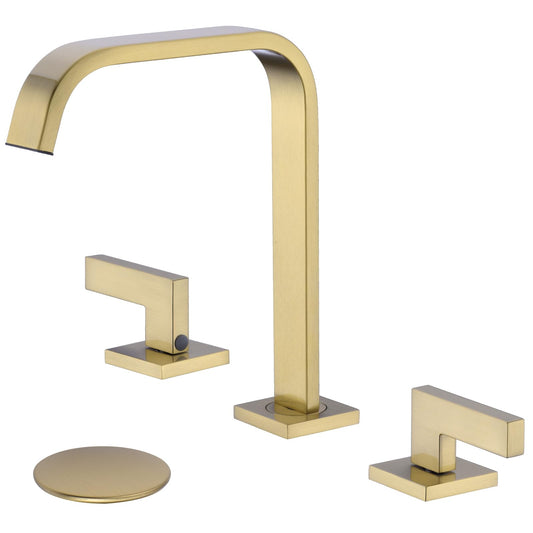 TRUSTMI Brushed Gold Bathroom Faucet 3 Hole 2 Handle 8 Inch Widespread Bathroom Sink Faucet, Brass and Stainless Steel High-Arc Square Swivel Spout