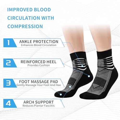 Compression Ankle Support Socks - Cushioned, Wicking, 3 Pairs - Black, White, Dark Grey
