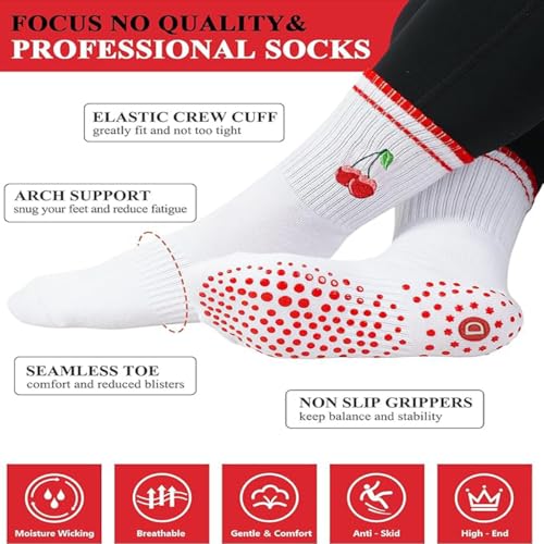 Non-Slip Pilates Grip Socks for Women - Yoga Barre Crew Socks - Cherry