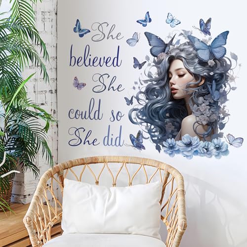Blue Inspirational Wall Quote Decals She Believe She Could So She Did Wall Stickers DIY Peel and Stick Butterfly Positive Sayings Mural for Women Girls Bedroom Living Room Wall Decor
