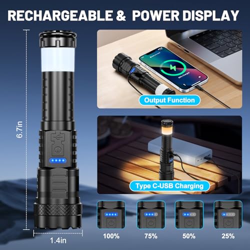 Rechargeable 3000 Lumen LED Flashlight - Earrck Black, High Lumens, 8 Light Modes