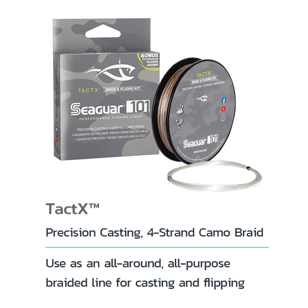 Seaguar 101 TACTX Braided Camo Fishing Line & Fluoro Kit, with Free 5lb Leader - 50lbs, 150yds Break Strength/Length - 50TCX150