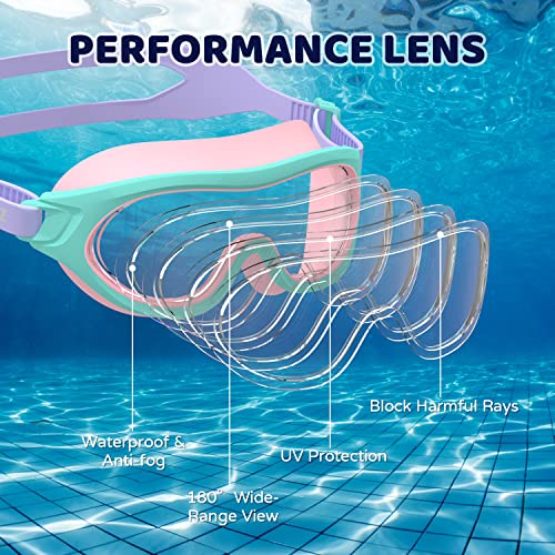 COPOZZ Kids Swim Goggles A4 Green Pink Wide View No Leak Anti-Fog UV Youth Swim Goggles