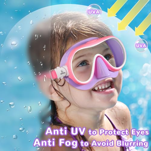 Keary Kids Swim Goggles with Nose Cover - Wide-View Mask, Pink (Clear Lenses), 5-16