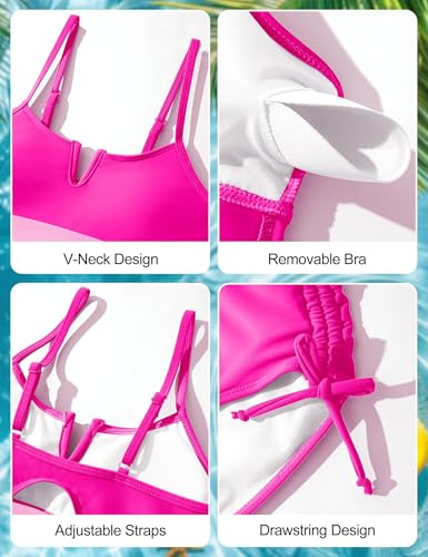 Girls Color Block Cutout Bikini Set - High Waisted Swimwear, Rose Pink, Size 11-12 Years