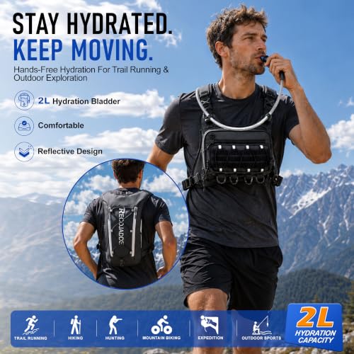 BECOJADDE Men's Hydration Running Vest with 2L Water Bladder - Pitch Black, Standard Set