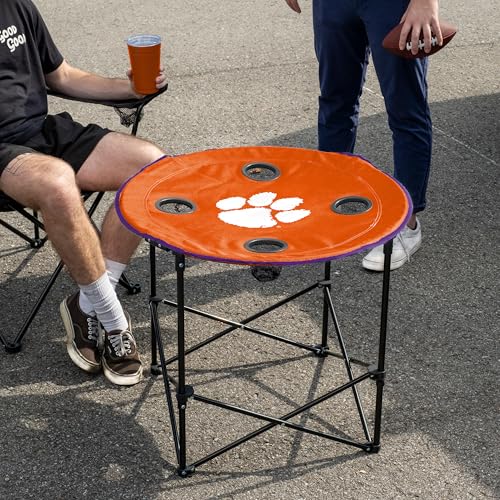 Logo Brands Clemson Tigers Round Tailgating Table – Portable Folding with 4 Cup Holders, 27.6" Diameter