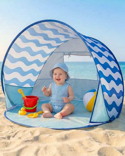 Pop Up Baby Beach Tent - Blue Wave Stripes Portable Toddler Sun Shade with UPF 50+