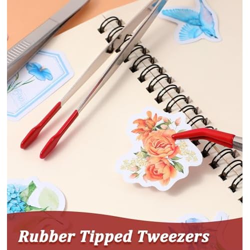 Rubber Tipped Tweezers, 3 Pcs Crafting Tweezers, 5.9 Inch Long Tweezer for Crafts, Stamps, Garden, Jewelry, DIY, Hobby, Electronics, Flat Straight & Bent Tips (Silver, Red)