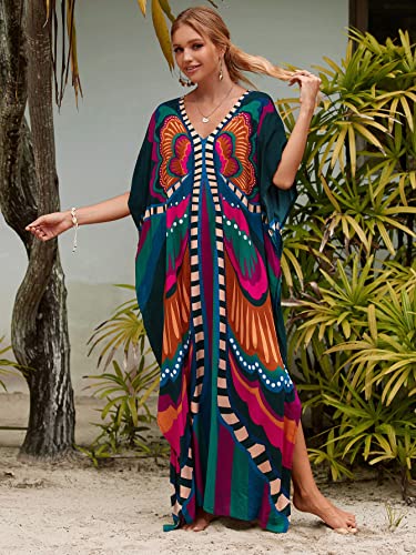 Sunforyou Women's Butterfly One Size V-Neck Batwing Sleeve Kaftan Dress Beach Cover Up