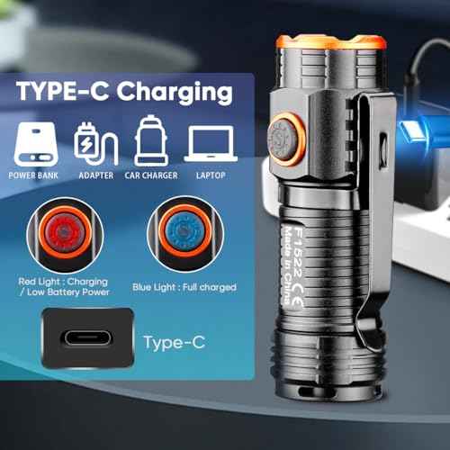 2 Pack EDC Flashlight, Led Rechargeable Mini Pocket Light with Clip, High Lumens Ultra Bright Compact Flashlights with Magnetic for Camping Hiking Outdoor Emergency Use Waterproof