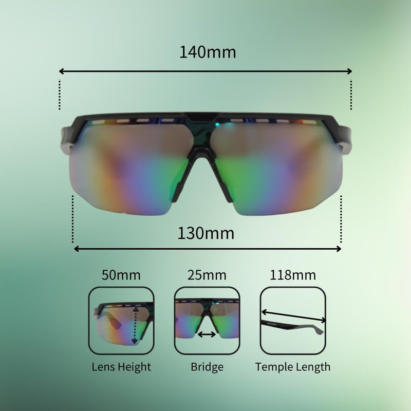 RAWIN High-Performance Sports Sunglasses for Cycling, Baseball, Running | Durable Wrap-Around Design (Shiny Black Frame with Grey Nose Pad & Tips/Green REVO Lens)