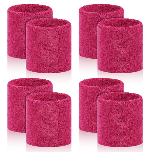8-Pack Athletic Sweatbands for Men and Women - Highly Absorbent - Hot Pink
