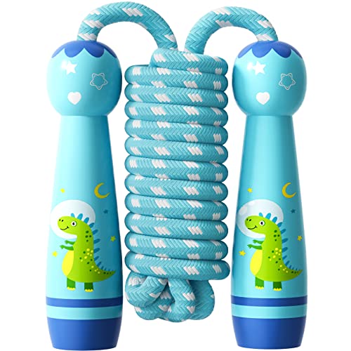 Adjustable Kids Jump Rope - Cotton Braided with Wooden Handle - Dinosaur