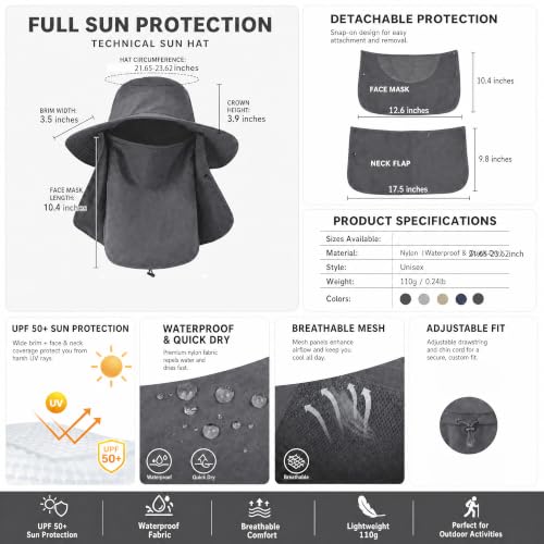 Outdoor Wide Brim Fishing Hat with Detachable Face Cover - Deepgrey