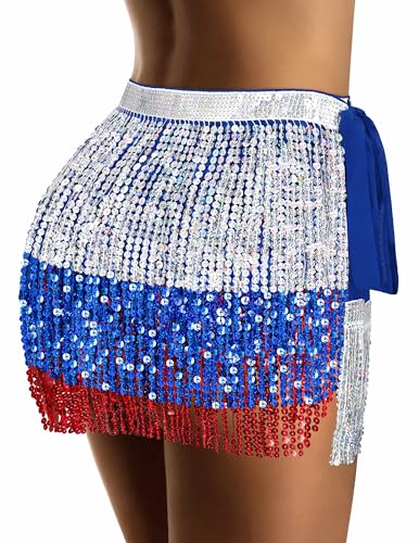 Sarfel One Size Sequin Fringe Dance Skirt - Silver/Blue/Red