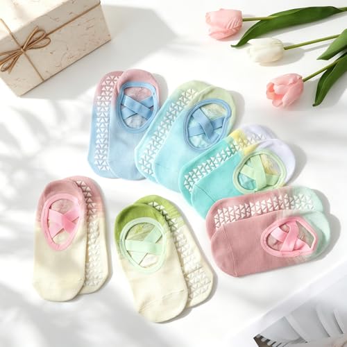 6 Pairs Color Gradient Pilates Socks for Women with Straps