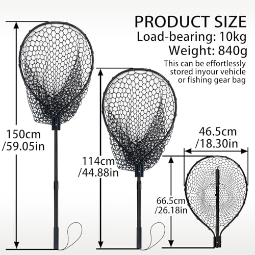 SEASPRO Black Telescoping Rubber Fishing Net with Handle & Extra Replacement Net, 59" Extendable Kayak & Saltwater Fishing Gear