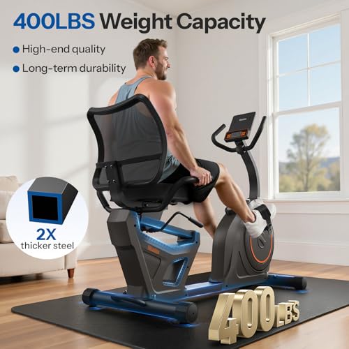 Recumbent Exercise Bike for Home - 400LBS Capacity, Magnetic, LCD Monitor - Brown+Orange
