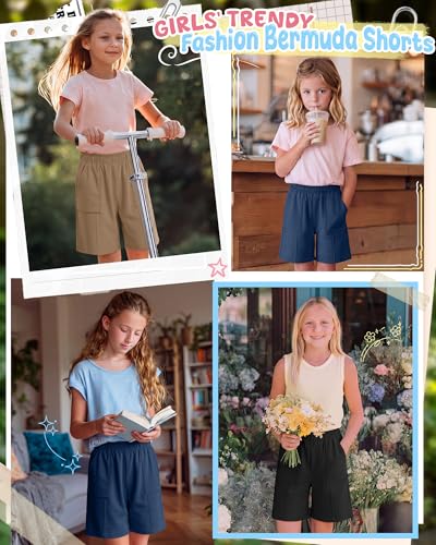 Girls Bermuda Long Shorts - 3 Pack, Dusty Blue+Khaki+Black, Ages 5-14