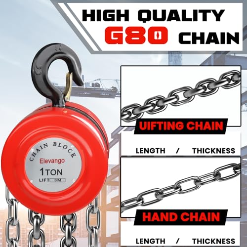 2 Ton Chain Hoist 4400LBS Capacity 10Ft Lift Manual Hand Chain Hoist with Manganese Steel G80 Chain & 2 Heavy Duty Hooks, for Garage, Warehouse, Automotive