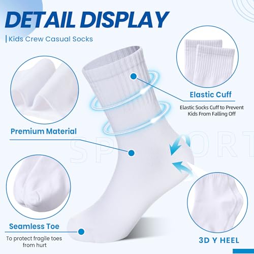 Eyean Kids Athletic Crew Socks 3-5T White, 6 Pairs - Boys & Girls School Uniform Socks