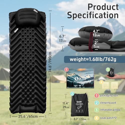 QEZER E-Black Ultralight Inflatable Sleeping Pad for Camping & Backpacking