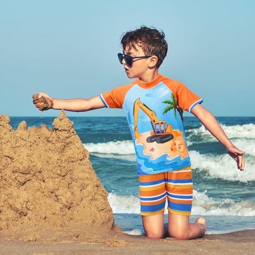 Kids Boys 2-Piece Shark Swimsuit with Rash Guard & Trunk - Yellow Truck 4-5T