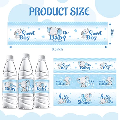 Elephant Baby Shower Water Bottle Labels - 39 Pcs Waterproof Wrappers - Blue