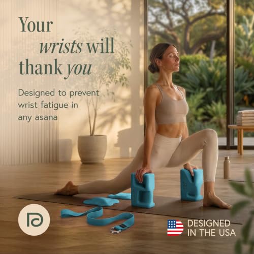 Ergonomic Yoga Block Set - 2 Foam Blocks, 2 Knee Pads & Strap