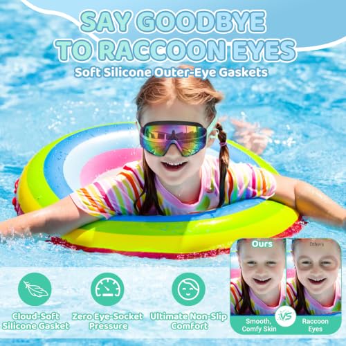 Vvinca Kids Swim Goggles 2 Pack Black & Blue + Black & Cyan with Earplugs, Wide View, Anti-Fog UV Protection, Adjustable Fit for Ages 3-14