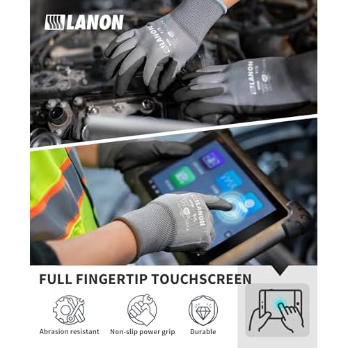 LANON 18 Pairs Safety Work Gloves, Mechanic Working Gloves for Men,Breathable PU Coated, Seamless Knit,Double Wash, Grey, Large