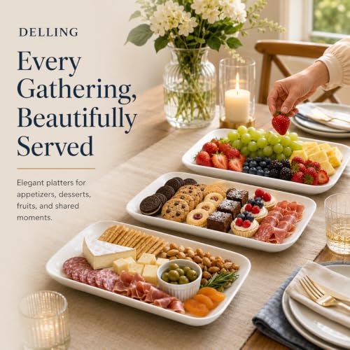 Dellling 16-Inch White Porcelain Serving Platter Set of 3 - Oven Safe Dinnerware