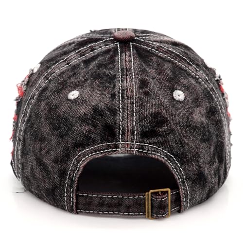 YeeHeen Red Distressed Washed Denim Baseball Cap - One Size Strapback