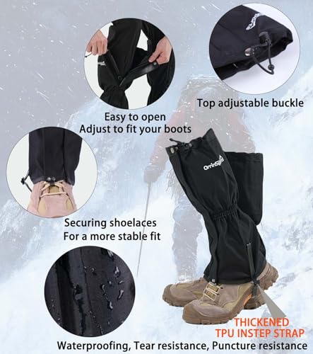 SnuYucto Waterproof Leg Gaiters for Men Women Large Black Hiking Snow Boots