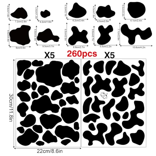 260 Pcs Self-Adhesive Black Cow Print Wall Stickers - 10 Sheets Removable Waterproof Vinyl Wall Decals for Kids Room, Nursery, Playroom, Home, Office, Studio Decor (Black)