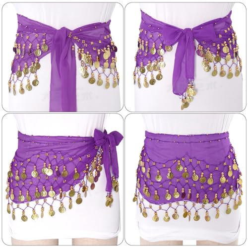 Belly Dance Hip Scarf with Sequins Coins - Purple